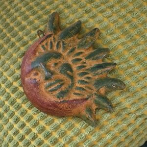 Mexico Wall Art Terracotta Clay Moon & Sun Face W Hanger 6.5"